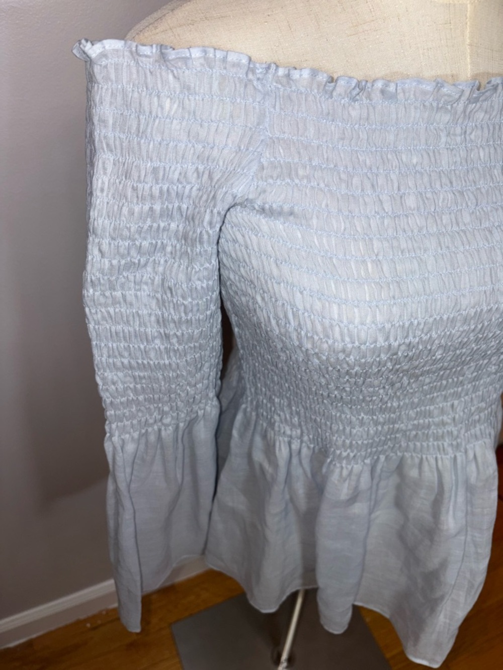 Zara Woman Smocked Off The Shoulder Flare Bell Sleeve Peplum Blue Top Size Small - Picture 7 of 13